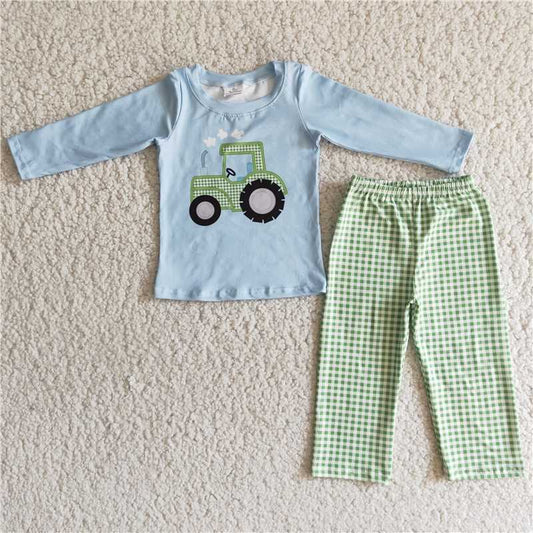 6 C11-19 Boys Tractor Long Sleeve Top Green Plaid Trousers Set