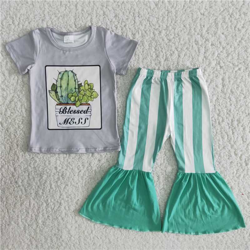 B6-22 Grey Cactus Green Striped Flared Pants