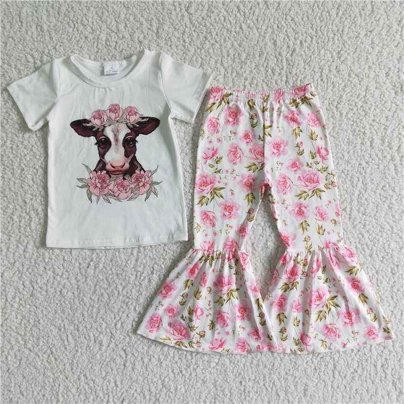 B7-11 Pink Flower Bull Head Trousers Suit