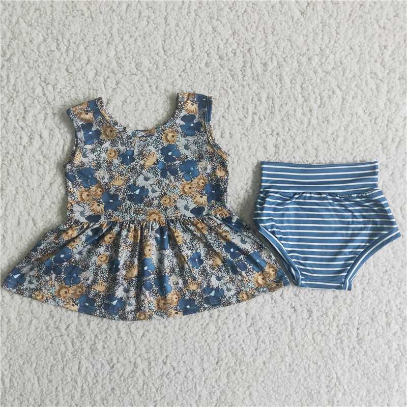 A8-11 Sleeveless Yellow Floral Striped Thong Set