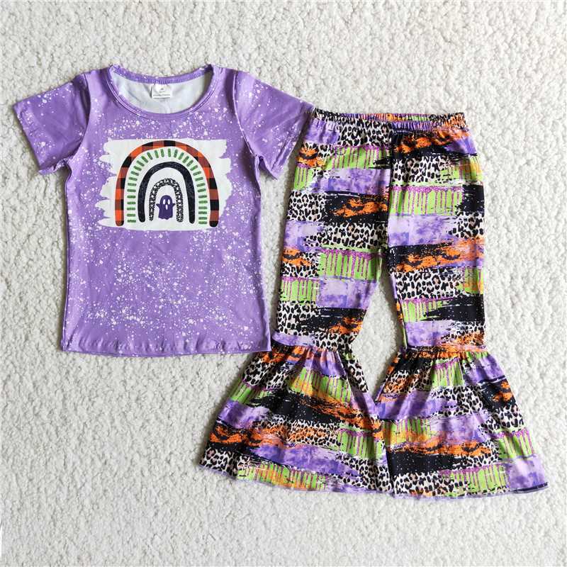 D2-14 Halloween Purple Short Sleeve Leopard Flared Pants Set