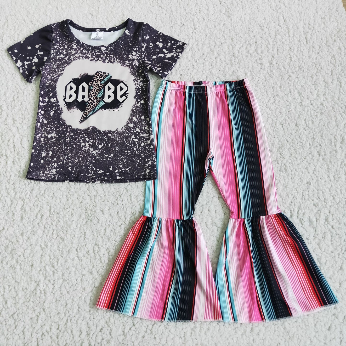 D3-13  Black Short Sleeve Striped Flared Pants Set