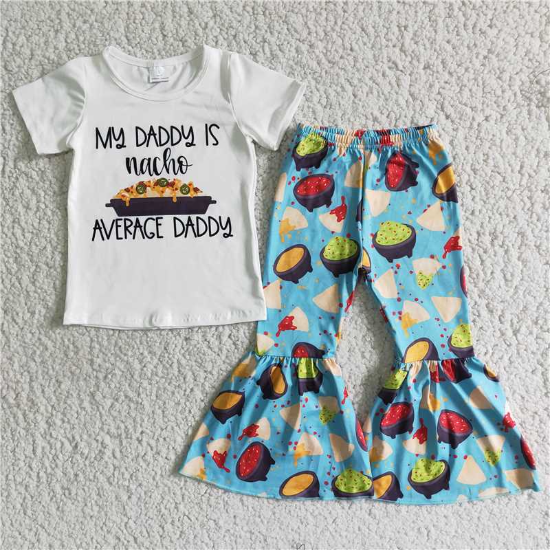 E1-5 Letter Short Sleeve Top Pizza Flare Pants Set