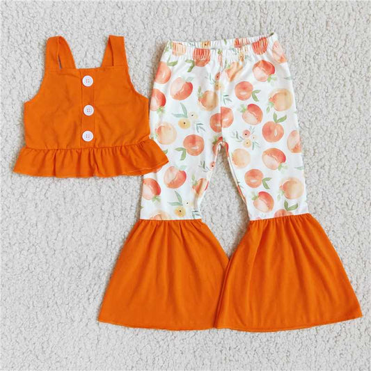 D8-18-1 Orange Button Top Peach Flared Pants Outfit