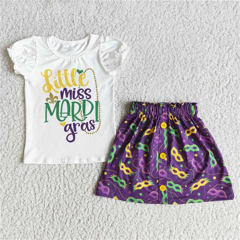 E5-5 miss Short Sleeve Top Button Purple Skirt Set