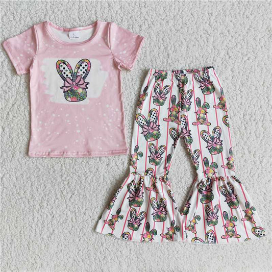 E10-16 Easter Pink Short Sleeve Rabbit Flare Pants Set