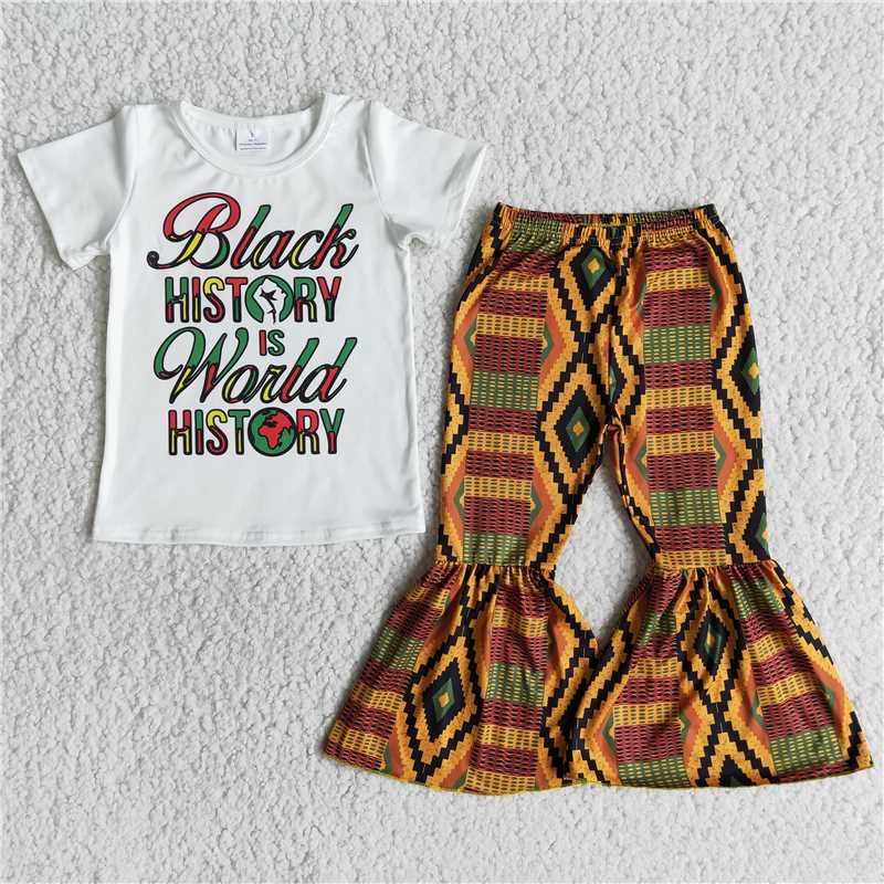 E12-14 Colorful Letters White Short Sleeve Top Geometric Flared Pants