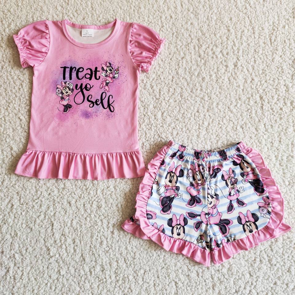 B7-12 Pink Short Sleeve Lace Shorts Set