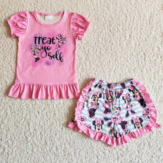 B7-12 Pink Short Sleeve Lace Shorts Set