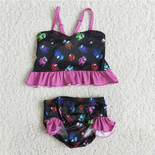 B1-15 Purple Cartoon Swimsuit Two Piece Set