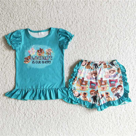 B12-25 Cartoon Blue Flying Sleeve Shorts Suit