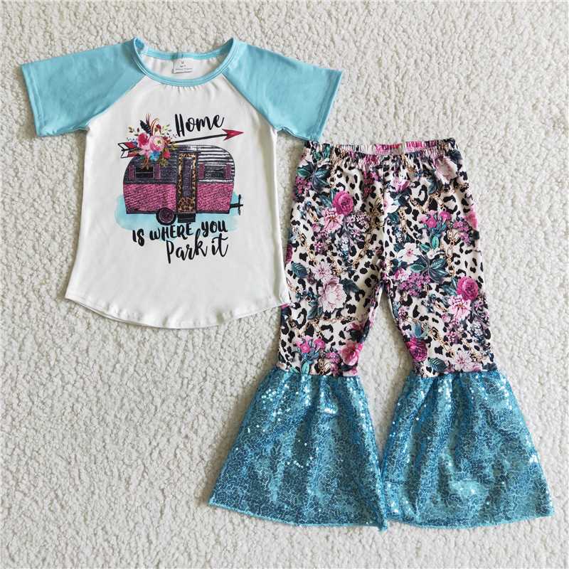 GSPO0053 Girls Car Flower Sequin Short Sleeve Pants Set