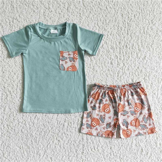 BSSO0043 Boys Light Green Alpine Cow Cactus Pocket Short Sleeve Short D 7.4