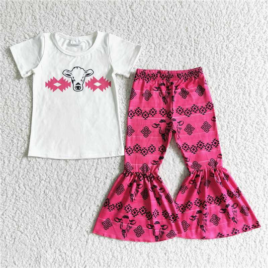 GSPO0049 White Bull Head Short Sleeve Pink Flared Pants Suit