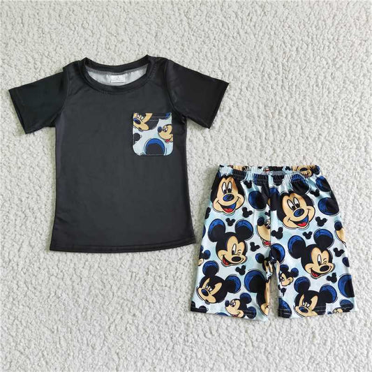 BSSO0053 Boys Black Cartoon Pocket Short Sleeve Shorts Suit