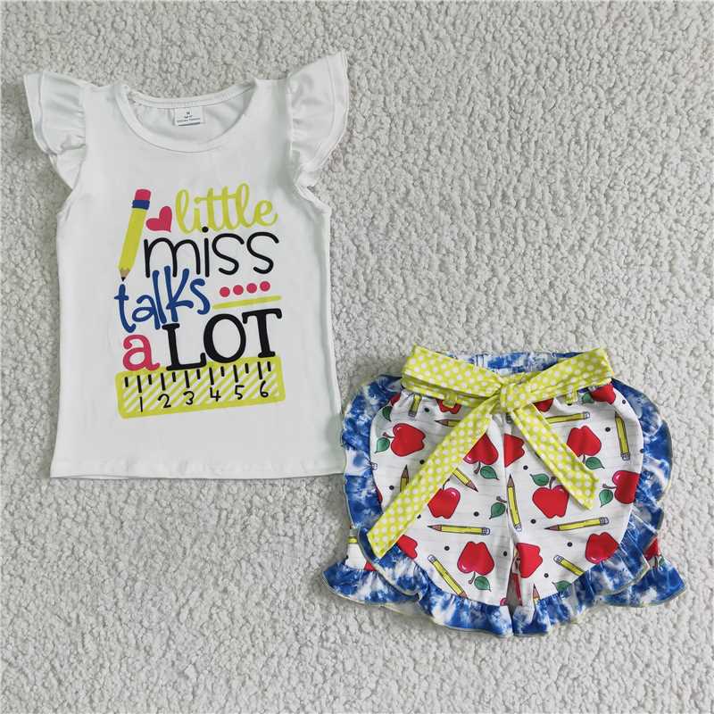 GSSO0095 Back To School Girls White Letters Flying Sleeves Apple Bow Set