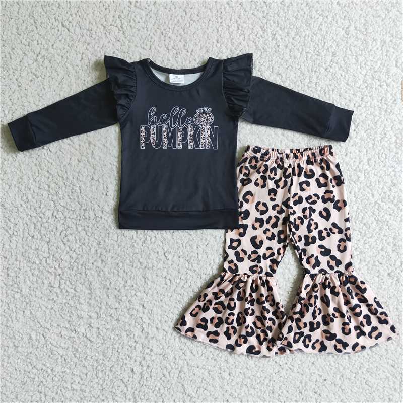 GLP0056 Black Lettering Long Sleeve Leopard Flare Pants