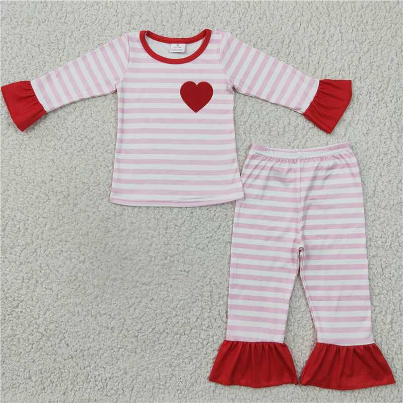 GLP0383 Girls Embroidered Heart Pink Stripe Long Sleeve Trouser Set