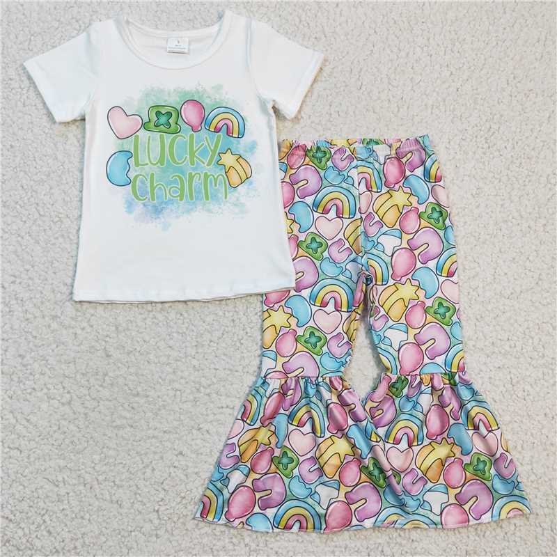 GSPO0303 Girls lucky charm rainbow short-sleeved trouser suit