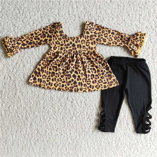 6 B6-40 Leopard Print Long Sleeve Top Black Tie Pants Set