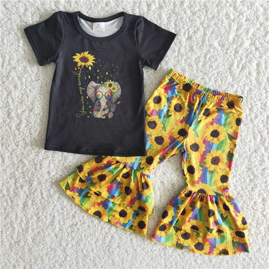 B16-10 Elephant Black Short Sleeve Sunflower Trousers