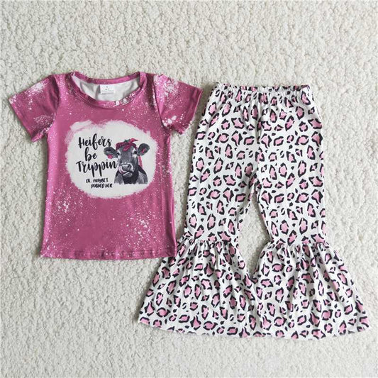 C3-24 Bull Head Letter Short Sleeve Rose Red Leopard Print Flared Pants Suit