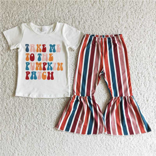 D6-19 Letter Short Sleeve Top Striped Flared Pants Set