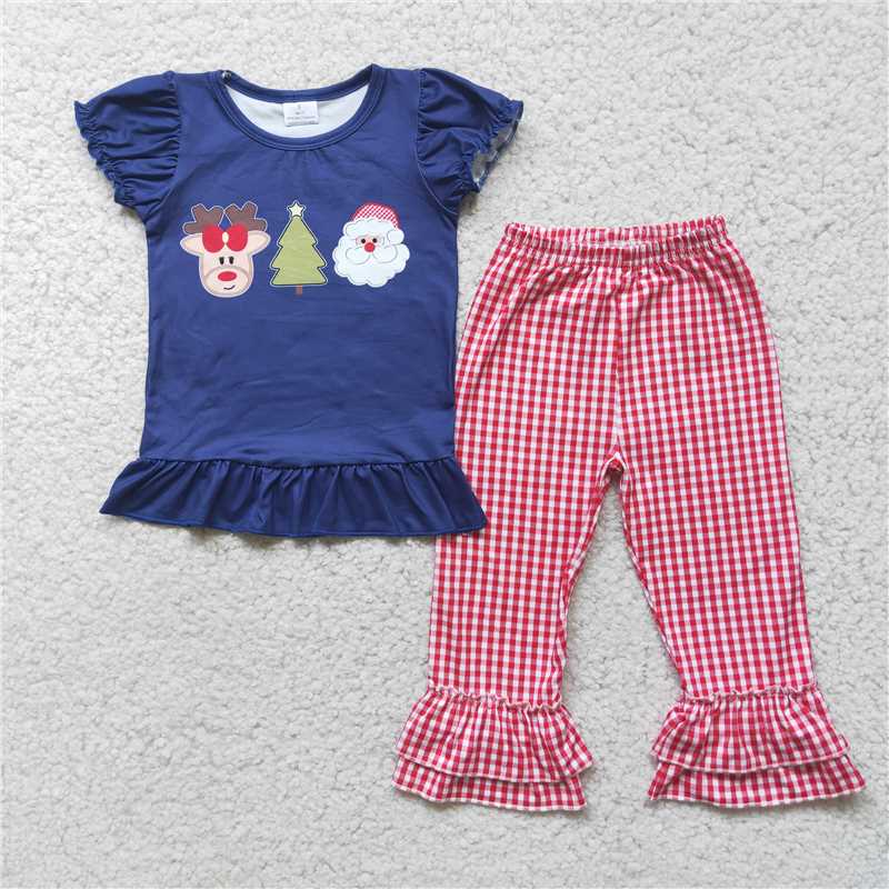 D1-2 Christmas tree blue short-sleeved top red plaid trousers