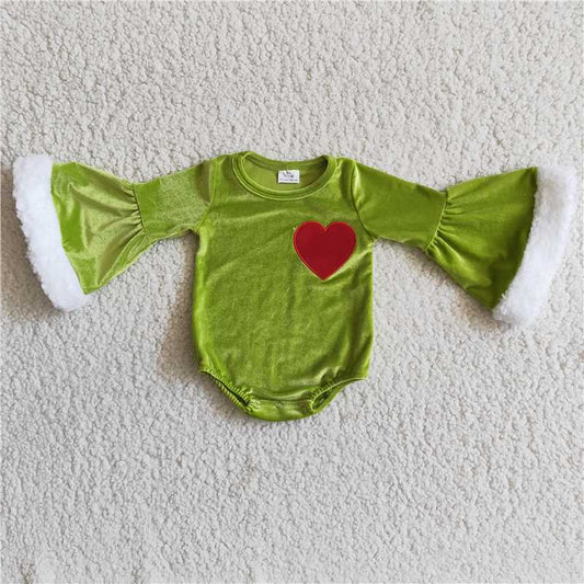 6 A4-4 Embroidered Velet Flared Sleeve Heart Green Bodysuit