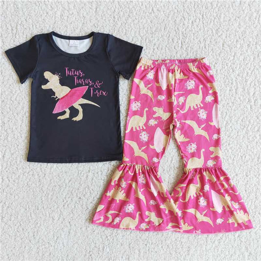 D9-5 Black Short Sleeve Dinosaur Pattern Flared Pants Set