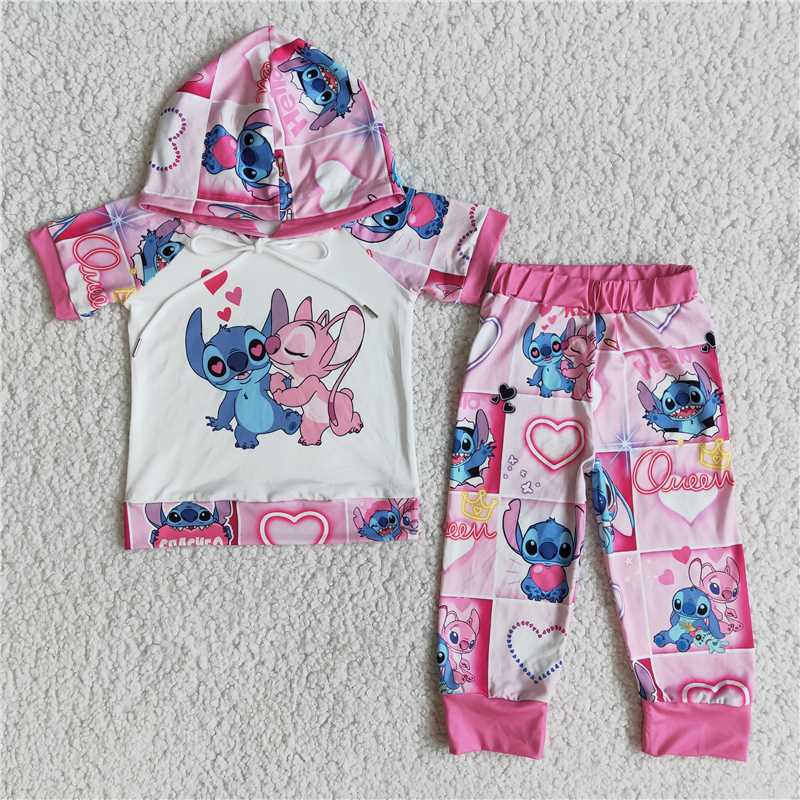 E8-26 Valentine's Day Stitch Hooded Short Sleeve Pants Set