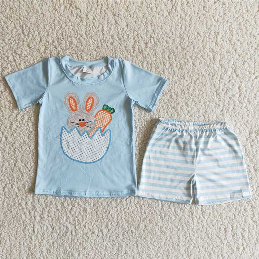 B11-25 Boys Easter Bunny Short Sleeve Striped Shorts Set