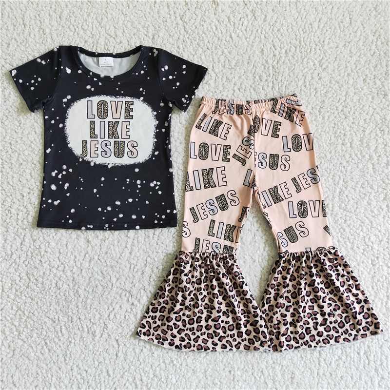 GSPO0037 Black Short Sleeve Leopard Print Flared Pants