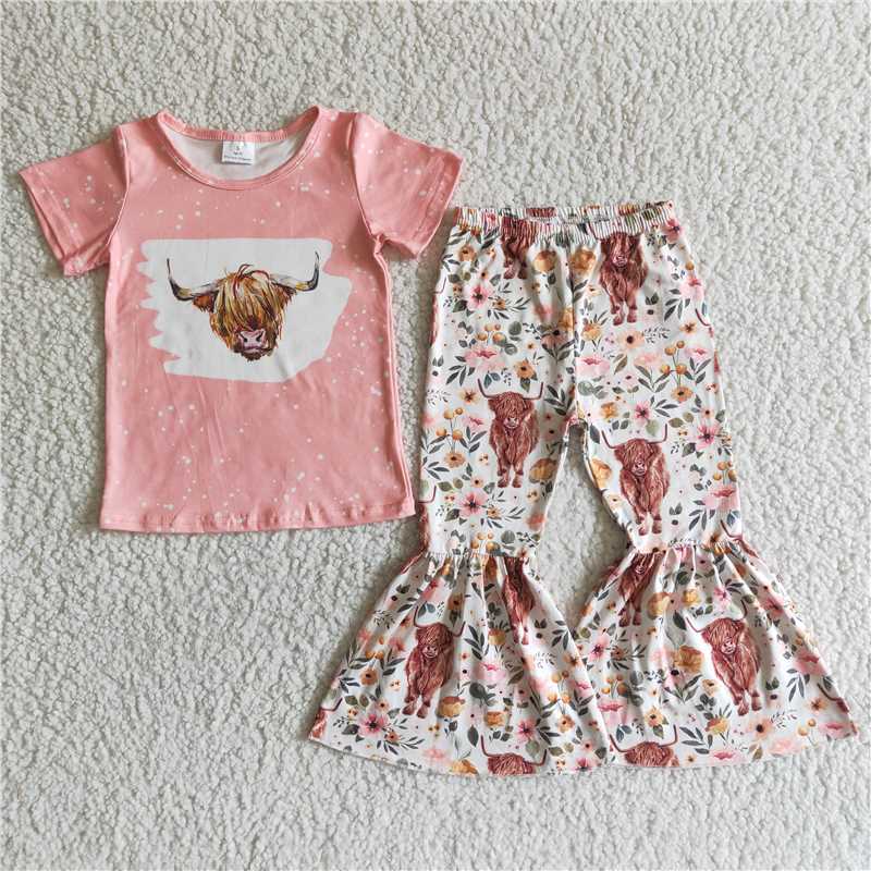 GSPO0030 Pink Bull Head Short Sleeve Floral Flared Pants Suit