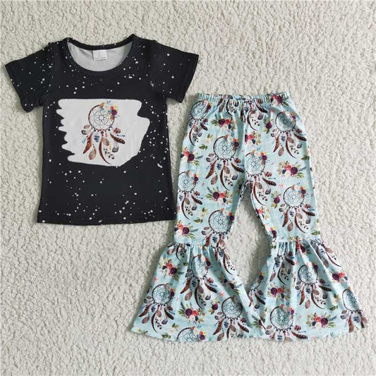 GSPO0035 Black Dream Catcher Short Sleeve Blue Flared Pants Set