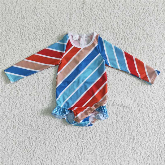 S0007 Ladies Long Sleeve Blue Slash Stripe One Piece Swimsuit