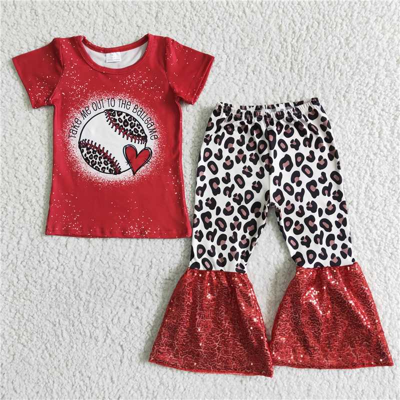 GSPO0011 Baseball Heart Red Short Sleeve Leopard Flared Pants Set