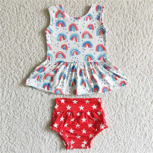 GBO0014 Girls Sleeveless Colorful White Stars Red Briefs Suit