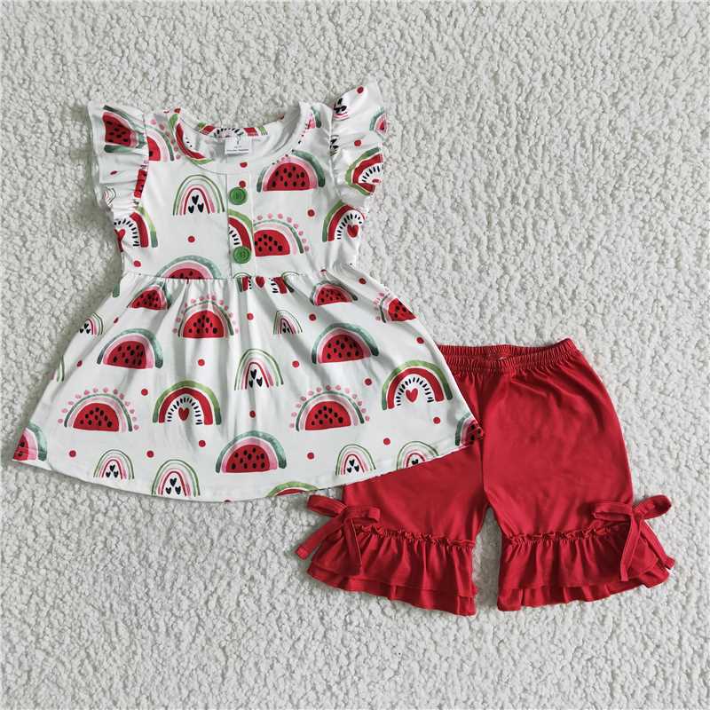 GSSO0005 flutter sleeve watermelon rainbow shorts set