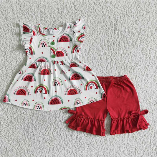 GSSO0005 flutter sleeve watermelon rainbow shorts set