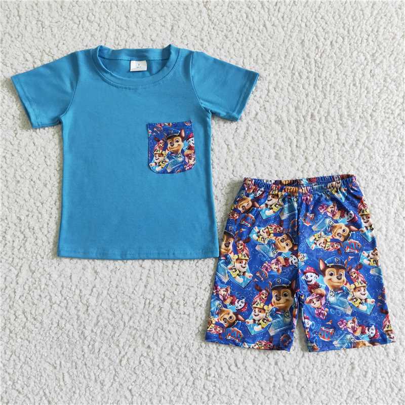 BSSO0059 Boys Blue Cartoon Dog Shorts Set