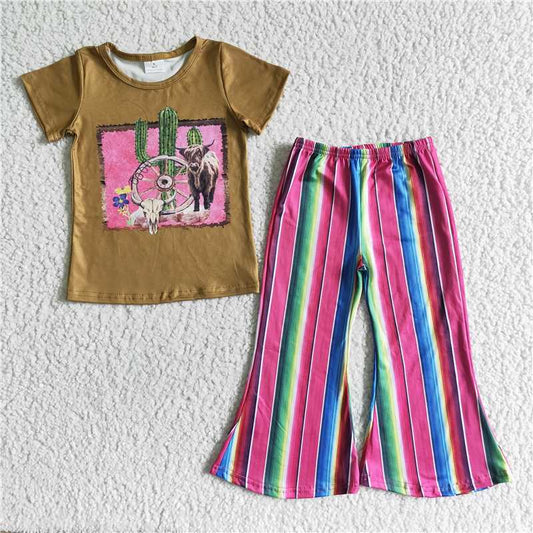 GSPO0069 Girls Cactus Alpine Cow Brown Short Sleeve Color Stripe Trousers Suit