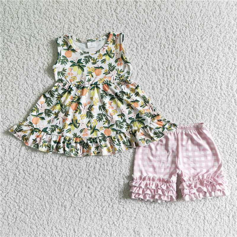 GSSO0076 Girls Sleeveless Fruit Green Leaf Top Pink Plaid Pants Suit