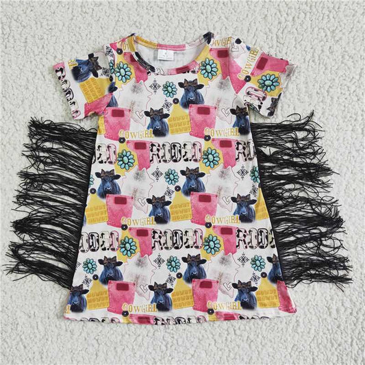 GSD0090 Girls Cow Alphabet Jewel Short Sleeve Fringe Dress