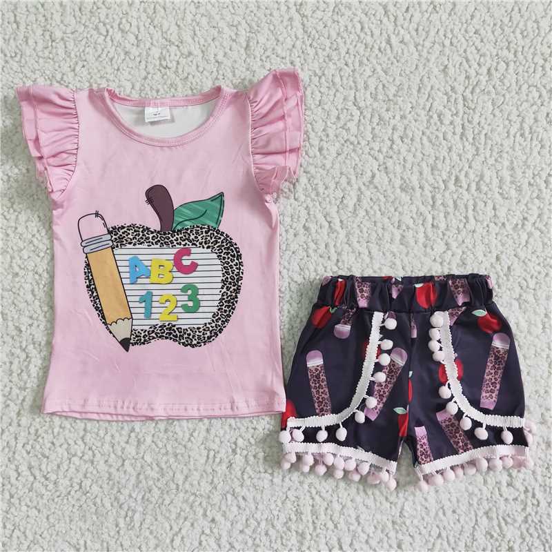 GSSO0116 Girls Leopard Print Apple Pencil Fly-Sleeve Shorts Set