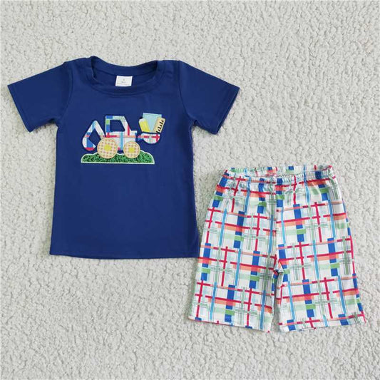 BSSO0051 Boys Embroidered Car Short Sleeve Colored Shorts Set