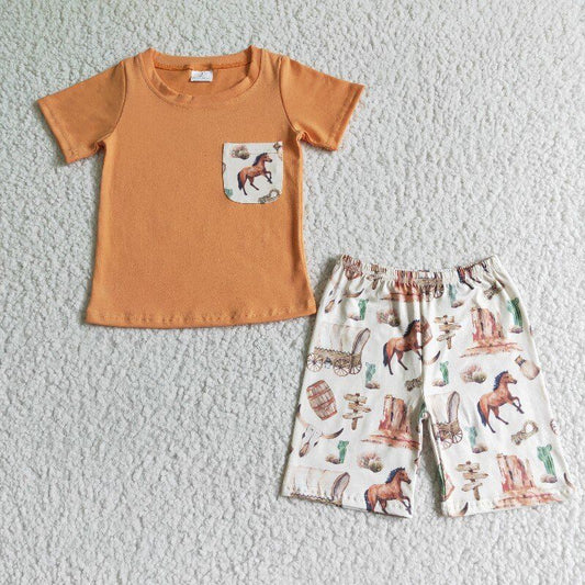 BSSO0072 Boys Horse Tau Cactus Pocket Short Sleeve Shorts Set