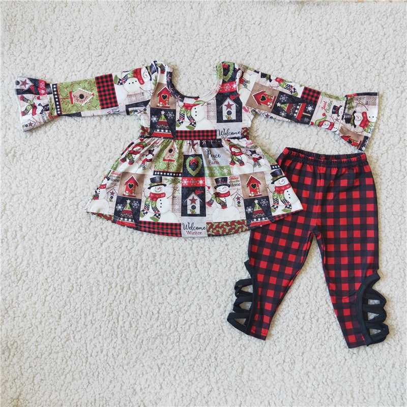 6 A2-16 Snowman Long Sleeve Top Red Plaid Trousers Set