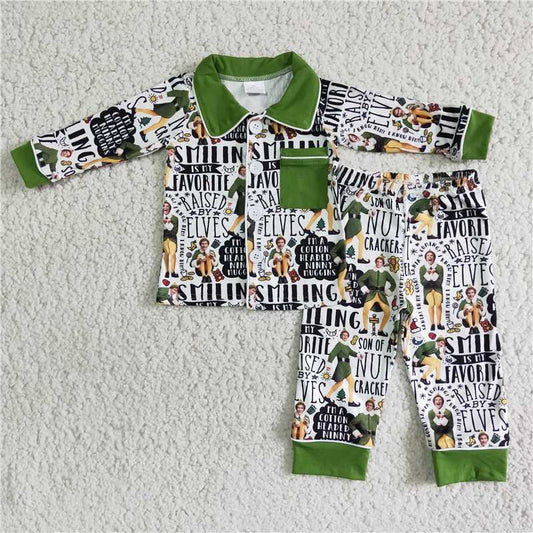 6 B12-27 Boys Green Elf Pajamas Long Sleeve Pants Set