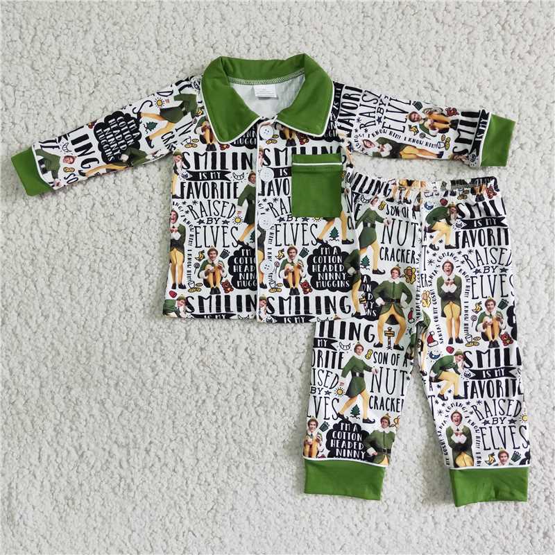 6 B12-27 Boys Green Pajamas Long Sleeve Pants Set